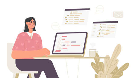 Girl programmer working on web on a laptop. The concept of coding and writing a script. Flat trend...