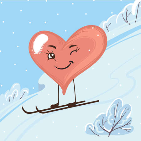 Cartoon cute heart skiing in the mountains in winter. Hand drawn vector illustration for kidsのイラスト素材