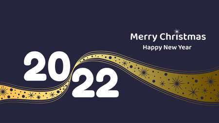 Merry Christmas and New Year 2022. Greeting card or banner with golden ribbon decorated with snowflakes. Flat vector illustrationのイラスト素材