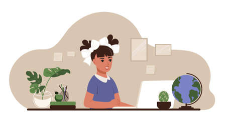 Back to school concept. Girl study at the table with a laptop and books. Flat vector illustration of educationのイラスト素材