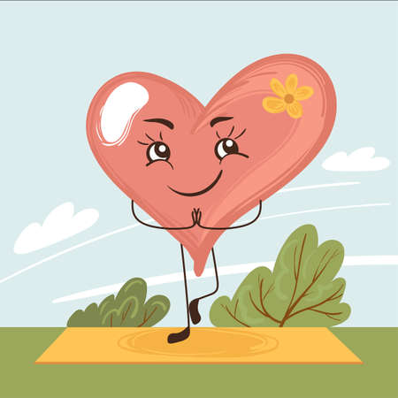 Happy cartoon heart doing yoga, meditation in nature. Emotional calmness. Vector hand drawn illustrationのイラスト素材