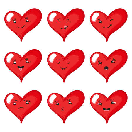 Set of funny cartoon hearts with different emotions. Vector hand-drawn illustration isolated on white background.のイラスト素材