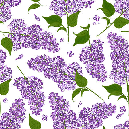 Lilac seamless pattern. Hand drawn vector background of branches blooms purple flowers.のイラスト素材