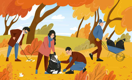 Volunteers clean up plastic trash in the park in the fall. Young people take care of nature, collect waste separately. Hand drawn vector illustrationのイラスト素材