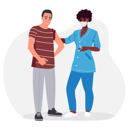 An African American nurse gives a COVID-19 injection to a young man. Coronavirus vaccine health concept. Flat vector isolated illustration.のイラスト素材