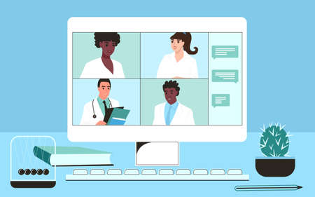 Online conference of doctors on a computer monitor. Medical professionals of different nationalities communicate remotely. Flat vector illustrationのイラスト素材