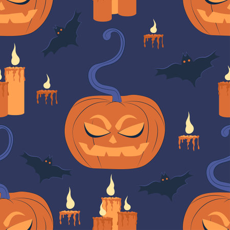 Seamless pattern with orange pumpkin, bats and candles. Halloween vector purple backgroundのイラスト素材