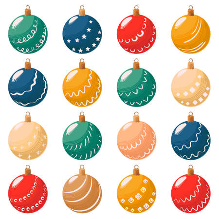Set of vector hand-drawn Christmas tree glass balls of different colors isolated on white background.のイラスト素材