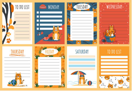 Sheets template for organizer, planner, to do list with elements of design of a cute cartoon tiger. Flat vector illustration of a set of schedule pagesのイラスト素材
