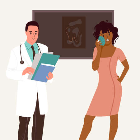 African American woman with toothache at the dentists office discussing the treatment by taking a picture of the tooth. Flat vector illustrationのイラスト素材