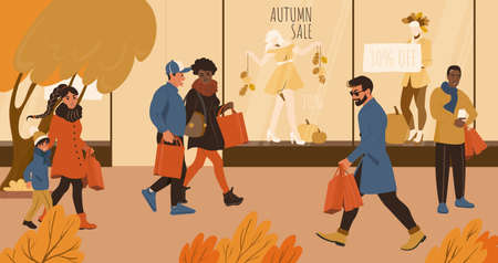 People on the autumn sale shopping walking in the city about the store showcase. Flat vector illustration.のイラスト素材