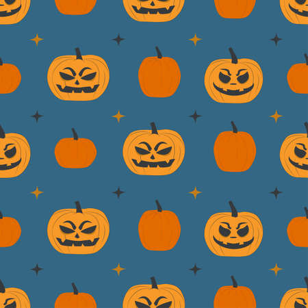 Seamless pattern with pumpkin head and scary faces. Flat vector background for Halloweenのイラスト素材