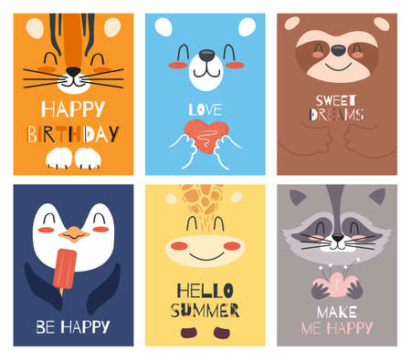 A set of childrens cards or invitations with cute cartoon animal faces. Vector illustration of wild animals for kidsのイラスト素材
