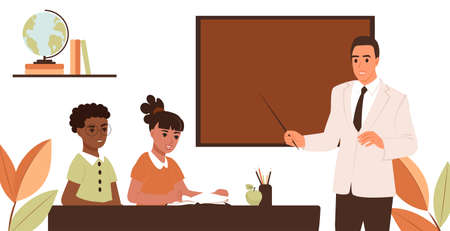 A young male teacher in an elementary class conducts a lesson for school children. Flat vector illustration of learningのイラスト素材