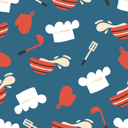 Kitchen seamless pattern. Cooking and utensils background. Flat vector illustrationのイラスト素材