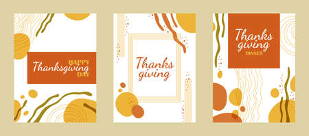 Thanksgiving trendy template with shape and doodle organic autumn elements. Flat vector illustration for cards, covers and flyers.のイラスト素材