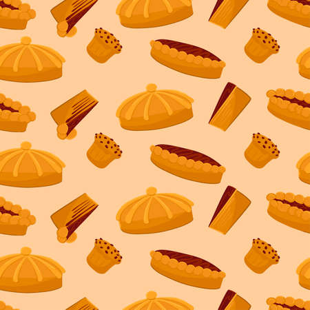 Seamless pattern with pies with jam and sweet bread pastries. Cartoon vector kitchen backgroundのイラスト素材