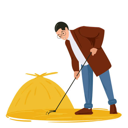 A young man removes the hay with a rake. Harvesting concept. Flat vector illustrationのイラスト素材
