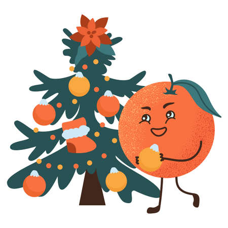 Cute tangerine character decorates the christmas tree. Cartoon festive vector illustration for new year.のイラスト素材
