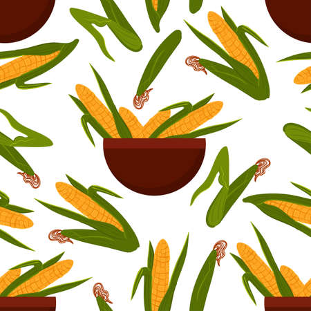 Autumn corn harvest seamless pattern. Cartoon vector background of yellow corn cobs with foliage and bowlのイラスト素材