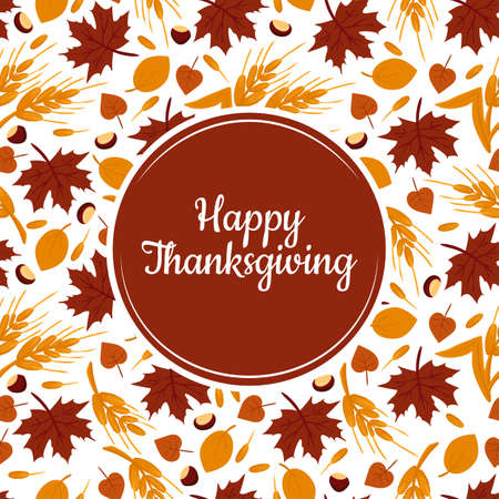 Happy Thanksgiving Day card or banner with vector cartoon foliage and harvest. Seamless festive pattern with place for textのイラスト素材