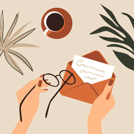 Envelope with a letter in female hands. The woman opens the postal card at the table with a cup of coffee. Flat vector illustration in boho style.のイラスト素材