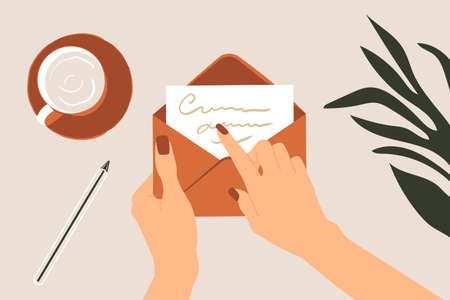 The woman opens and reads the letter at the table. Female hands are holding an envelope. Boho style flat vector illustrationのイラスト素材