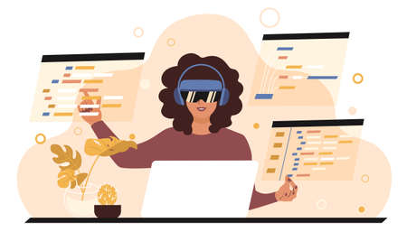 A female programmer is sitting at a table wearing VR-glasses and writing software code. Future technologies for freelancers. Flat vector illustrationのイラスト素材