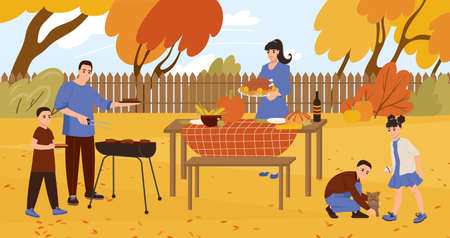 The whole family celebrates Thanksgiving in the backyard. Husband and wife with children are preparing a festive dinner in outdoors. Flat vector illustrationのイラスト素材