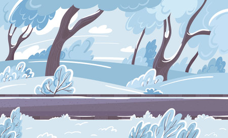 Hand-drawn winter landscape. City park with snow-covered trees and a walking path. Cartoon vector nature backgroundのイラスト素材