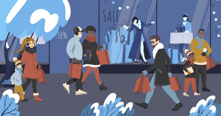 Christmas and New Year sales. Young people, families with children and couples go shopping in the winter in the city. Flat vector illustrationのイラスト素材