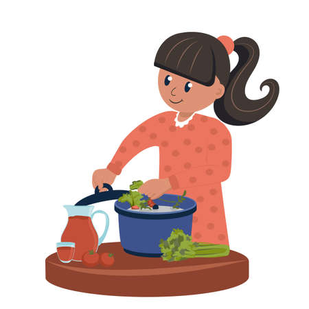The child plays a childish game the cook prepares food. Cartoon vector illustration isolatedのイラスト素材