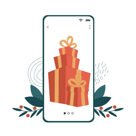 Gift Boxes Present in Smartphone Screen. Vector flat illustrations with advertising Christmas markets and sales in Mobile App.のイラスト素材