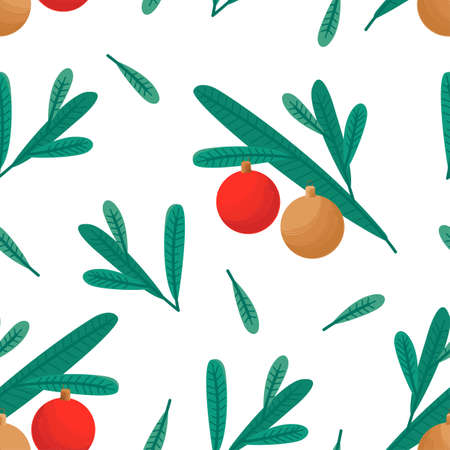 Seamless pattern with fir branches and glass balls. Festive background for wrapping paper