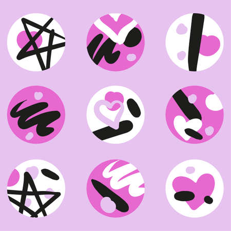 Set of covers for social media stories with shape hearts, stars and doodles. Trendy youth vector backgroundsのイラスト素材