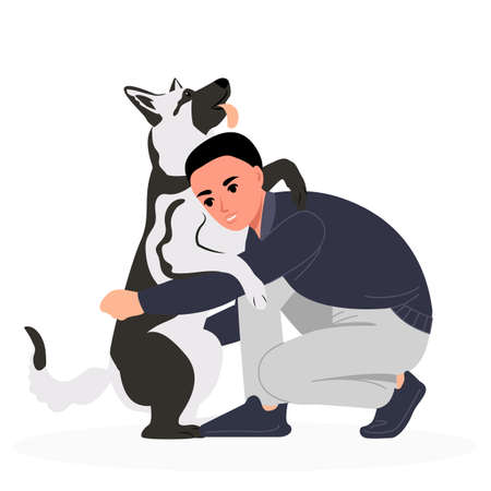 Child boy hugs his shepherd dog. Playing with a pet by children. Flat vector illustrationのイラスト素材