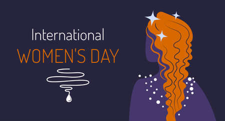 International Womens Day greeting card. Vector illustration of a purple background with the silhouette of a redhead woman for 8 March.のイラスト素材