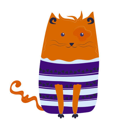Isolated vector cartoon character ginger cat in striped sweaterのイラスト素材