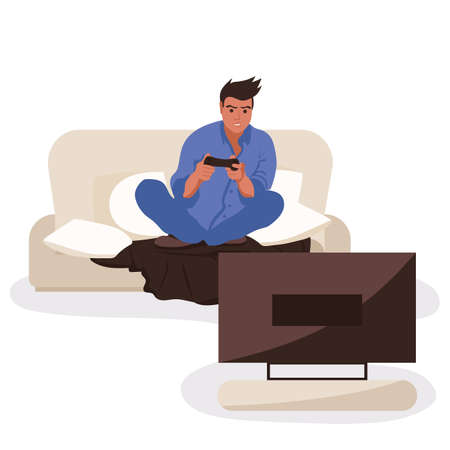 Isolated vector illustration guy playing video games on the sofaのイラスト素材