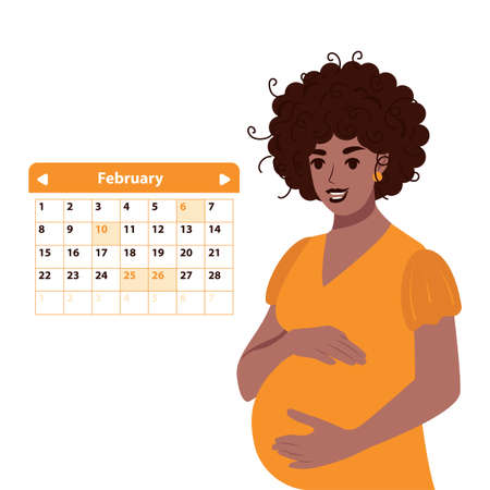 A calendar for planning a visit for a consultation with a doctor. African American black pregnant woman. Vector isolated illustrationのイラスト素材