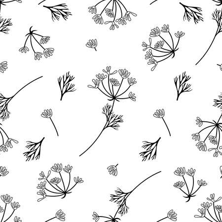 Seamless black and white pattern of dill branches. Vector line art vegetable backgroundのイラスト素材