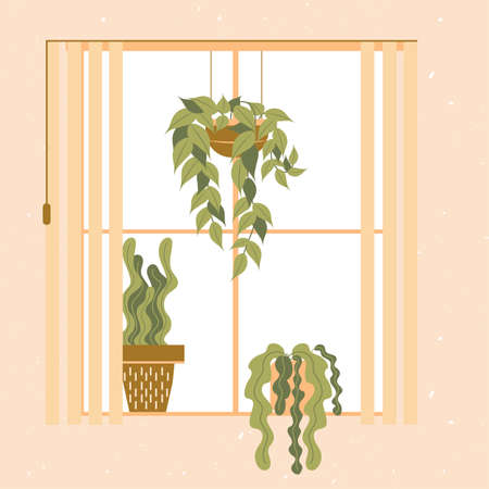 Window in a room with green houseplant on the windowsill. Flat vector isolated vector illustrationのイラスト素材