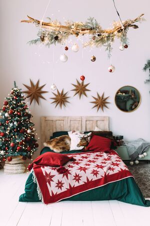 Beautiful Scandinavian-style bedroom in classic red-green colors with garlandsの写真素材