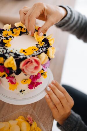 Girl baker decorates cake with edible colors in her kitchen in the afternoonの写真素材