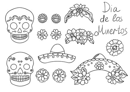 A black and white contour illustration inspired by DÃ­a de los Muertos, perfect for coloring, cutting out, and creating crafts. This illustration can be used for festive decorations, creative projects, or as a template for educational activities. Its versatile design makes it suitable for a wide range of creative concepts, from children's coloring books to more advanced art projects.のイラスト素材