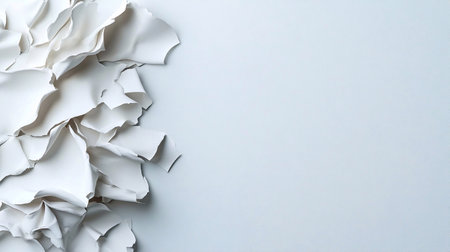 Torn pieces of white paper lay scattered on a light gray surface, creating an interesting texture. The minimalist setup emphasizes simplicity and artistic flair.の素材