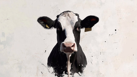A black and white cow gazes directly at the viewer, surrounded by an artistic, textured background. The cow's calm demeanor adds a charming touch to the setting.の素材