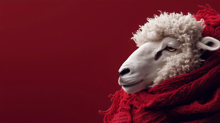 A fluffy white sheep with curly wool sports a thick red scarf, highlighting its unique expression. The sheep stands out against a solid red background, creating a playful and warm atmosphere.の素材