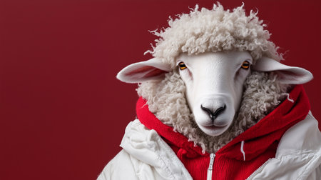A sheep with a fluffy white coat and a charming expression wears a bright red hoodie. The colorful background contrasts with the sheep's wool, creating a whimsical and humorous atmosphere.の素材