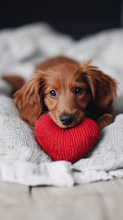 A golden retriever puppy lies on a soft blanket, gently holding a red knitted heart toy. The atmosphere is warm and inviting, emphasizing the cuteness and affection of the puppy.の素材